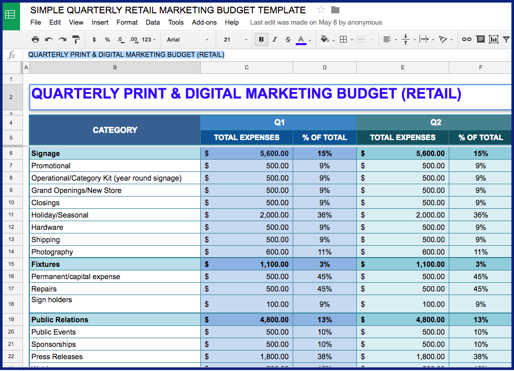 Quarterly Marketing Budget Template for Retail